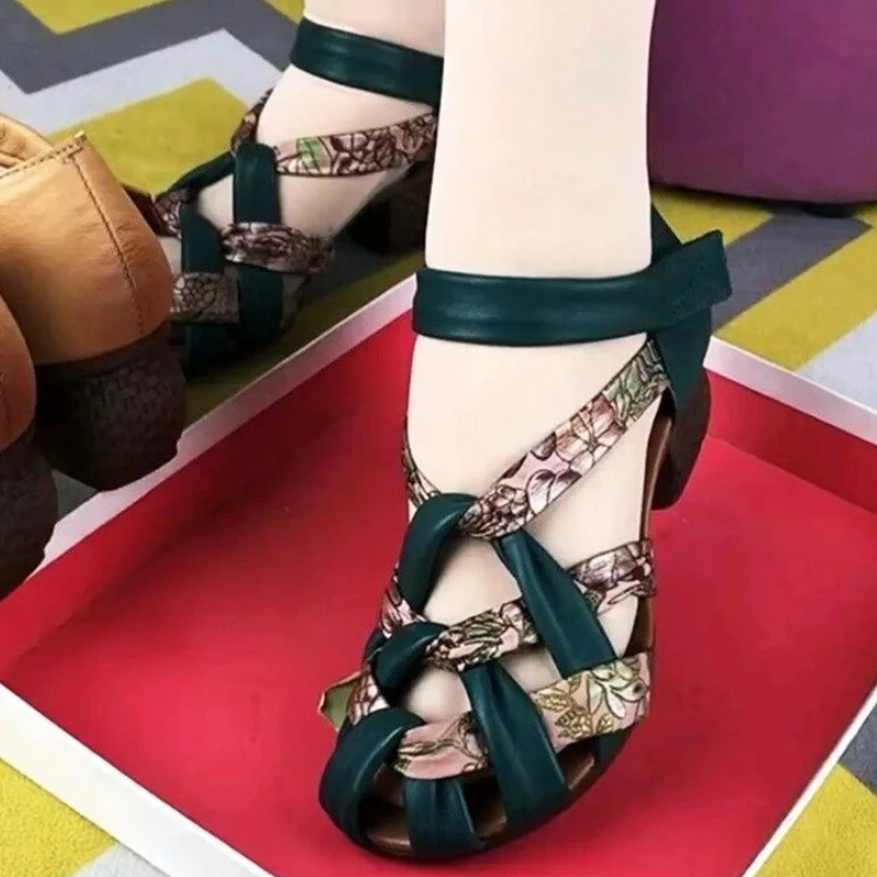 

2022 New Summer Top Cowhide Printing Spell Color Trend Sandals Open Toe Genuine Leather Sandals Thick Heel Women Sandal Shoes