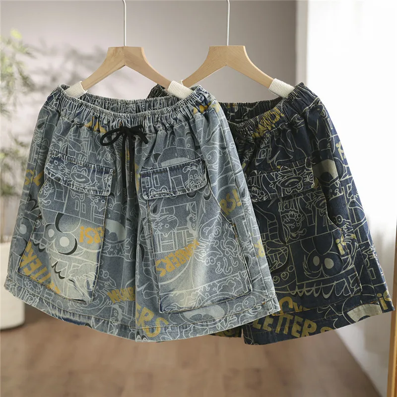 

Casual Shorts Women Shorts Cotton Cartoon Print Short Pants High Waisted Ladies Short Femme Women Wide Leg Shorts Elastic Waist