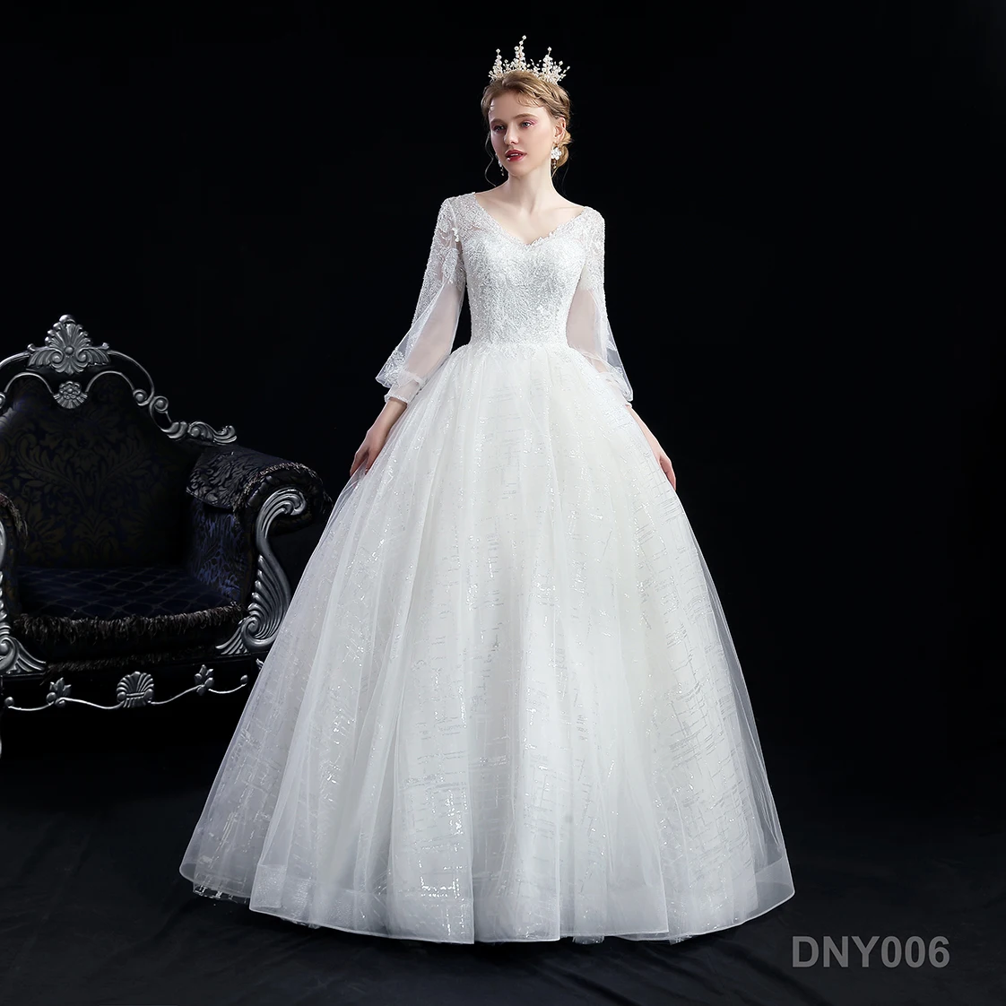 Женское блестящее свадебное платье с V-образным вырезом и длинными рукавами