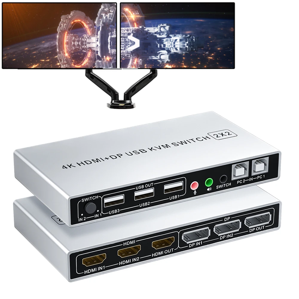 Двойной монитор HDMI DisplayPort KVM Switch 4K 60 Гц 2X2 смешанные входы DP переключатель 2