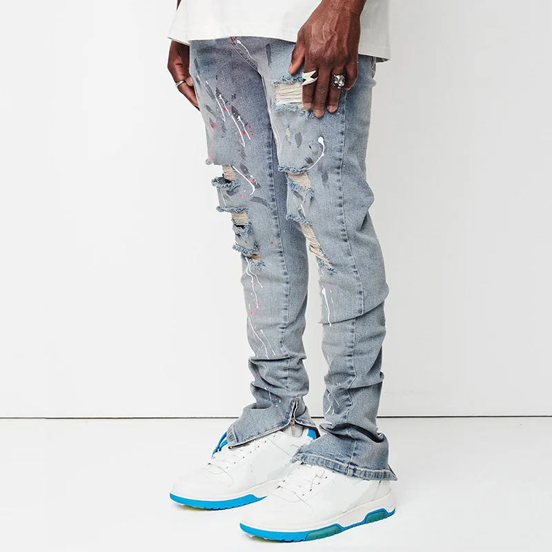 New Jeans Men's Slim Ripped Pants New Men's Painted Jeans Streetwear Men Fashion Full Length Denim Pants Slim Trousers