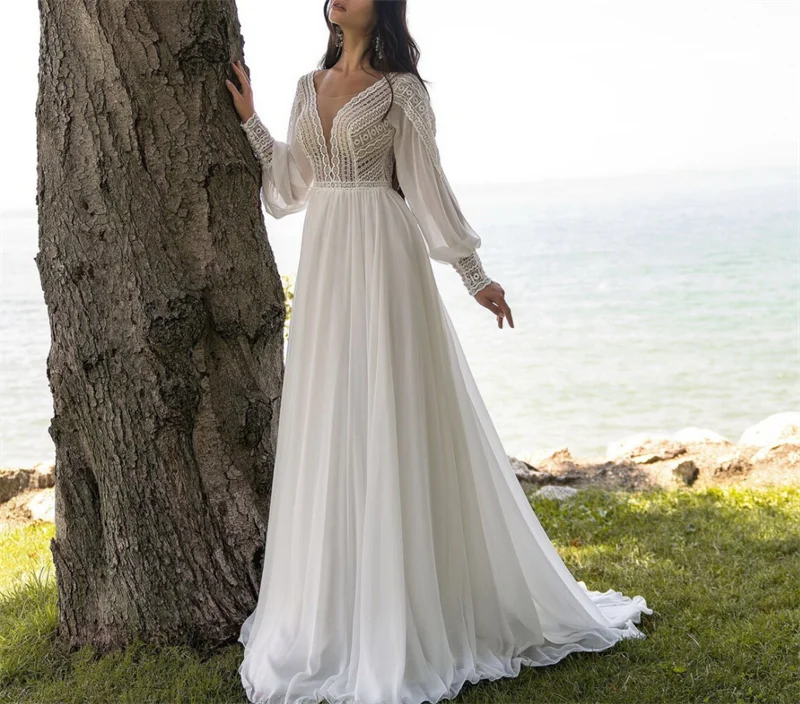 

Empire Chiffon V-Neck Bridal Gown A-Line Long Sleeve Wedding Dress Boho Lace Chiffon Romantic vestidos de mairee Wedding Dress