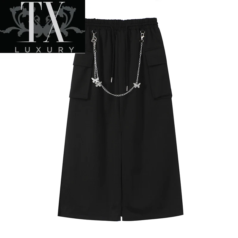 

Women Split Midi Long Summer Gothic Goth Punk Dark High Waist Chain Design Ladies Casual Mid-Calf Skirt Streetwear