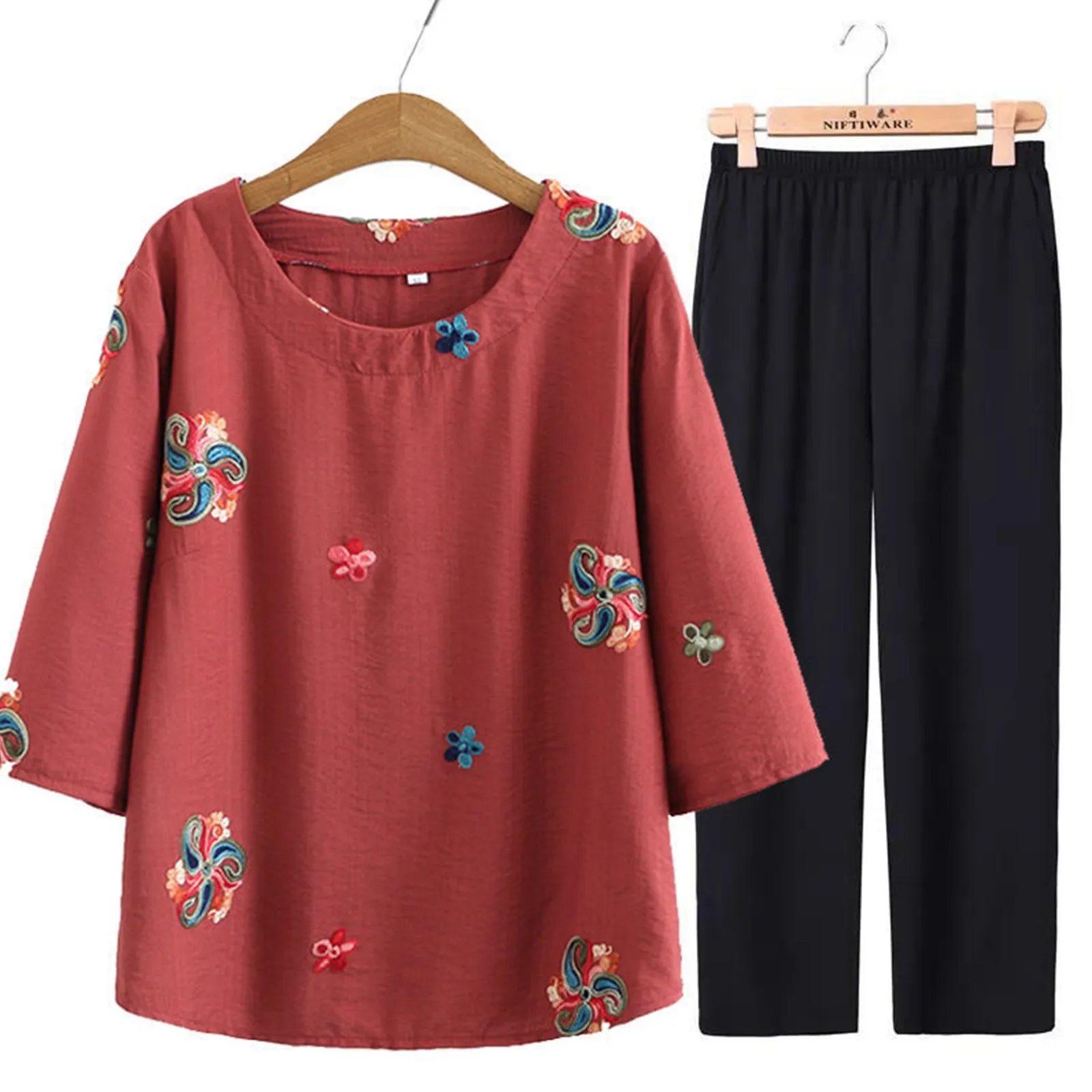 

Женская летняя футболка с коротким рукавом и принтом, хлопковый костюм с вышивкой, женский брючный костюм, костюм