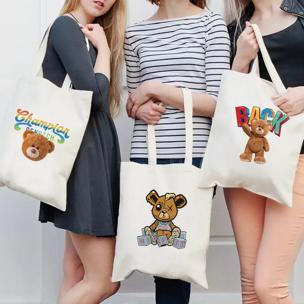 

Shopping Bag Fashion Tote Bag Women Shopper Bags Bear Print Casual Shoulder Bag Large Capacity Canvas Bags Collapsible Handbags
