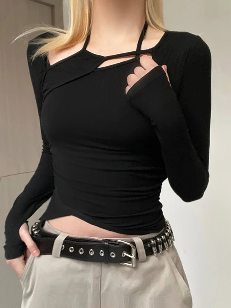 

Асимметричный кроп-топ Y2K, футболка с вырезами и завязками, стильная Корейская облегающая футболка с длинным рукавом и перекрестными ремнями, женская футболка в стиле Харадзюку