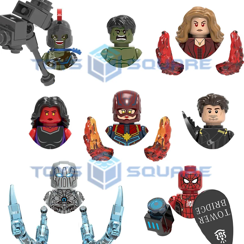 The Hawkeye Captain Marvel Red She-Hulk Spider-Man Scarlet Witch Whiplash Model Building Blocks MOC Bricks Set Gifts Toys