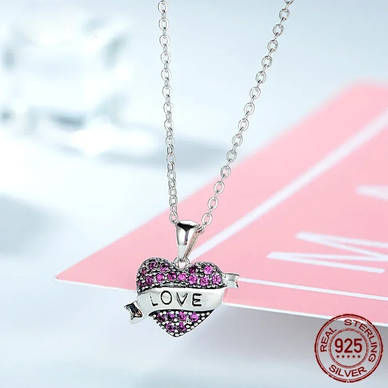TONGZHE Valentine Day Gift 925 Sterling Silver Heart Pendant Necklaces Rosy Love Charm Necklace Mail Jewelry for Women Collars