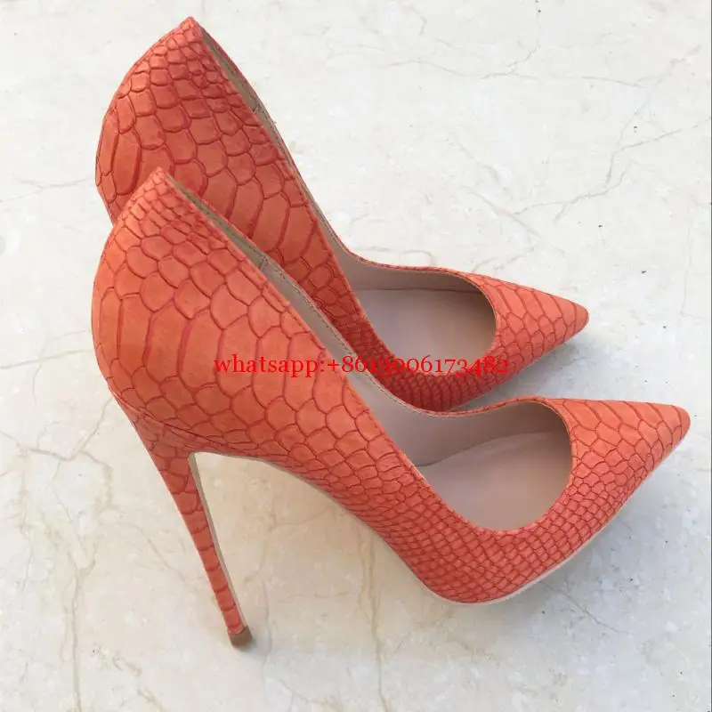 

Real Photo Woman High Quality Orange Snake Print Leather Pointed Toe High Heel Stilettos 8Cm 10Cm 12Cm High Heel Woman Stilettos