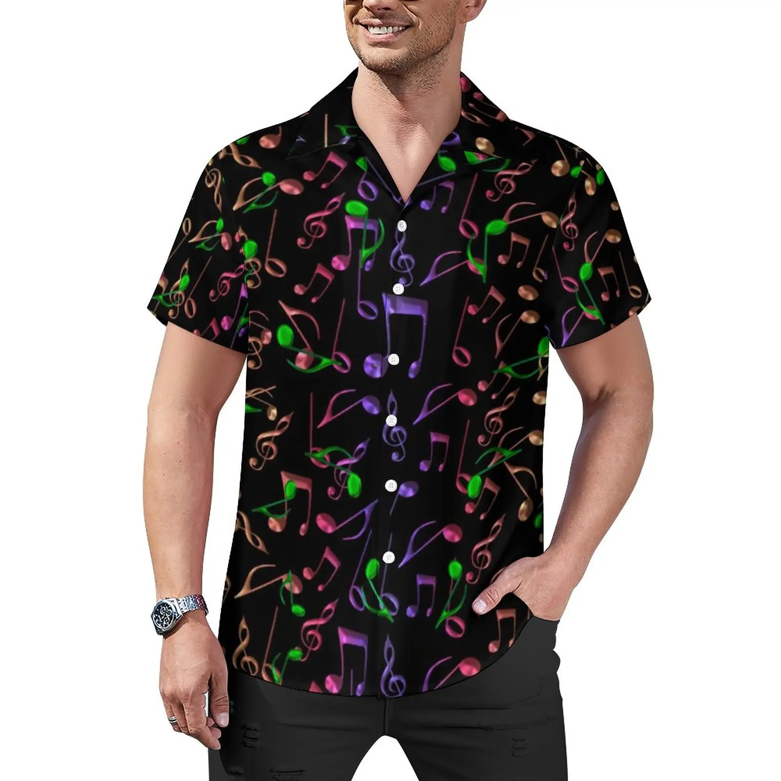 

Rainbow Music Notes Beach Shirt Psychedelic Neon Hawaiian Casual Shirts Man Trending Blouses Short Sleeves Pattern Top Big Size
