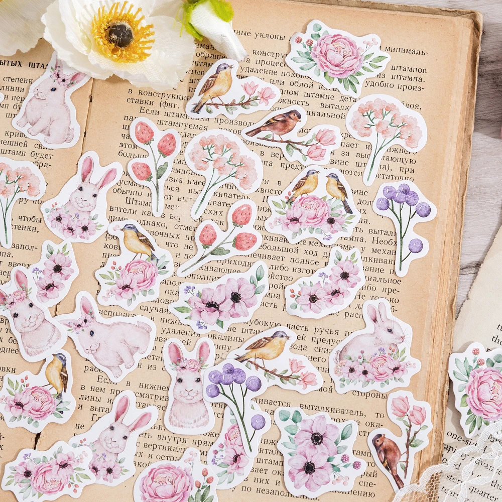 

46pcsKawaii Cartoon Floral Rabbit Sticker Stick Labels Decorative Diary Album hand made Flakes assorted Sticker Collage material