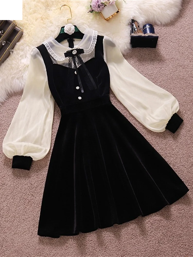 

Женское бархатное платье с рукавами-фонариками, черное приталенное платье с высокой талией, элегантное платье в Корейском стиле, 2022