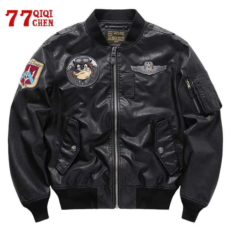 

Men Faux Leather Jacket Vintage PU Leather Embroidery Bomber Motorcycle Jackets Spring Autumn Fashion Loose Coat Streetwear Male
