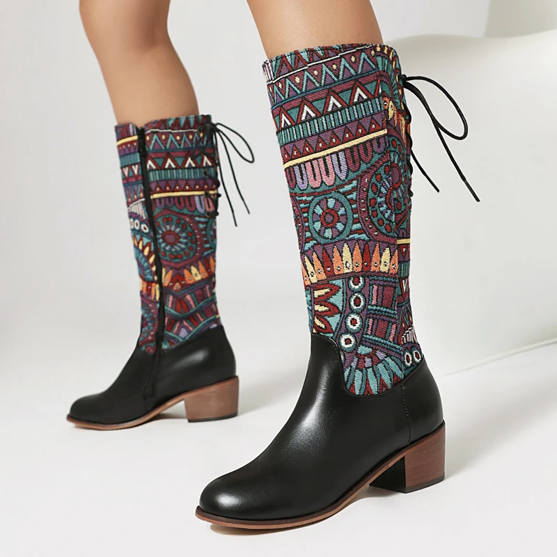 Сапоги до колена из ткани с принтом в этническом стиле женские повседневные