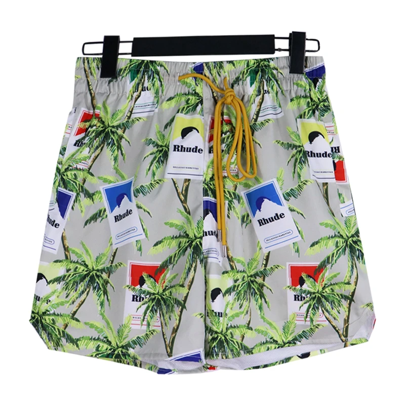 

New Rhude Shorts Men Women High Quality Breeches Moonlight Coconut Tree Full Print Inside Mesh Shorts y2k