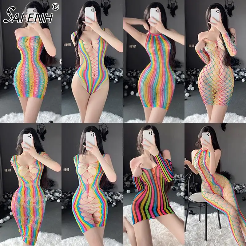 

Women Erotic Mini Bikini Lingerie Set Strapless Bra Set Bodysuits Seamless Fishnet Chemise Rainbow Nightwear Mesh Hole Dress