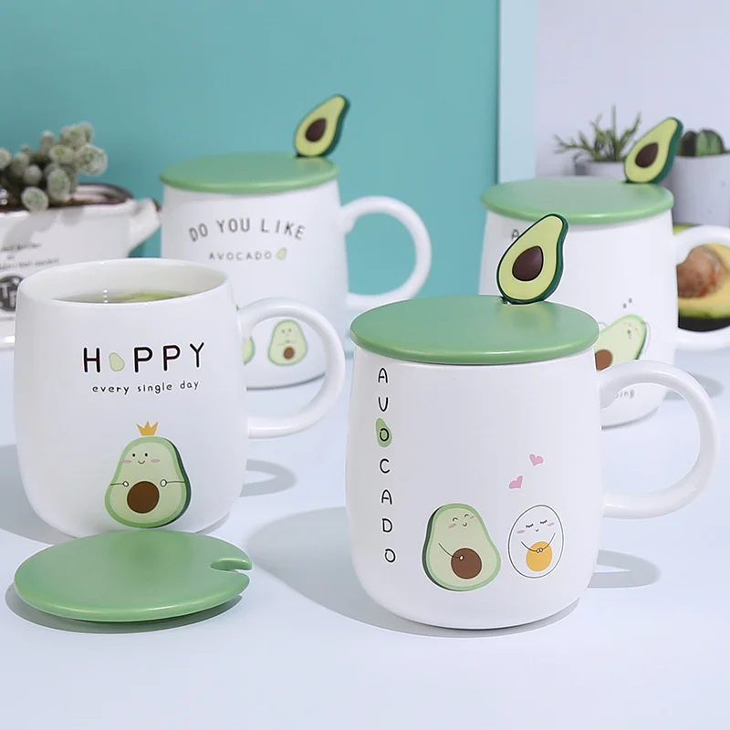 

Cartoon Avocado Ceramic Coffee Mug With Lid Spoon Heat-resistant Milk Tea Water Mugs Home Office School Drinkware Cup Cute Gifts