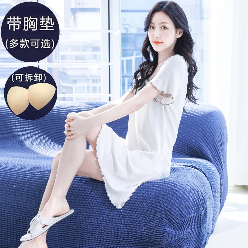

Pajamas women summer short sleeve waffle thin modal with breast cushion nightdress with wooden ear edge breathable home clothes