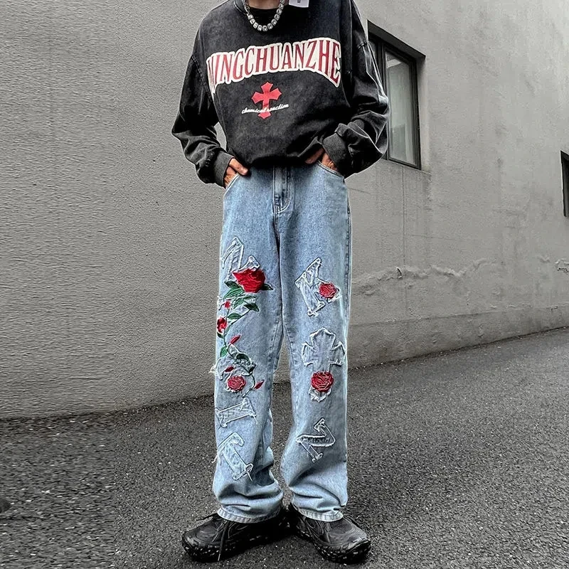 Goth Rose Cross Letter Embroidery Mens Jeans Harajuku Street Retro Hiphop High Waisted Jeans Loose Casual Baggy Jeans Men Pants