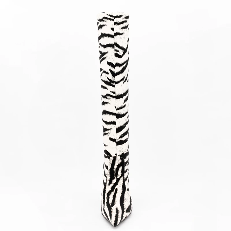 2022 New Design Pointy Toe Tiger Stripe High Heel Shoes Boots Sexy for Women Slip on Custom Big Size 47 Knee High Boots
