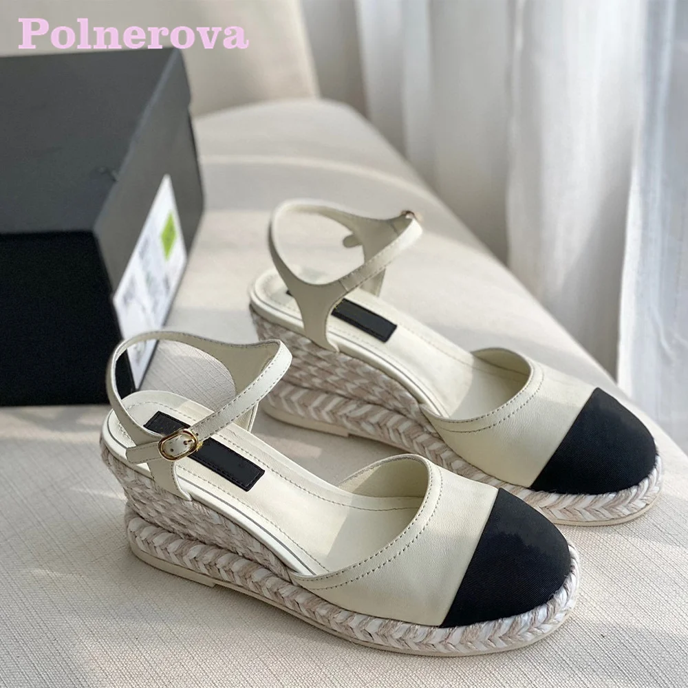 

Women Mixed Colors Suede Black Espadarille Wedge Shoes Leather Women Braided Round Cover Heel Casual Sandal Buckle Shoes