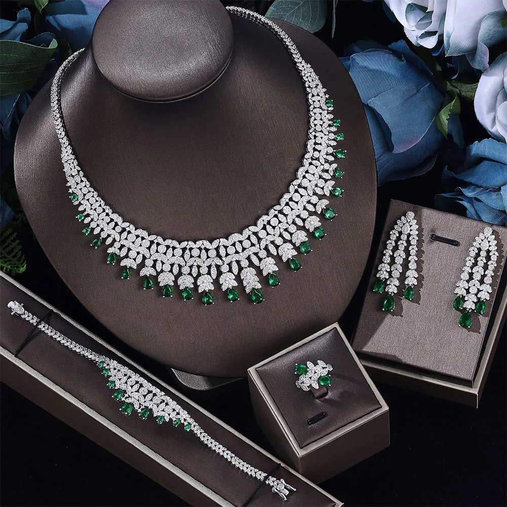 

Luxury African 4 Pcs Bridal Green Zirconia Diamond Necklace Earrrings Accessories for Women Crystal Wedding Jewelry Sets