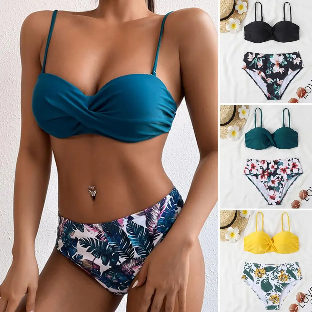 

Underwire Padded Push-Up Split Bikini Solid Color Bra Floral Print High Waist Bottoms Swimsuit for Water Activity