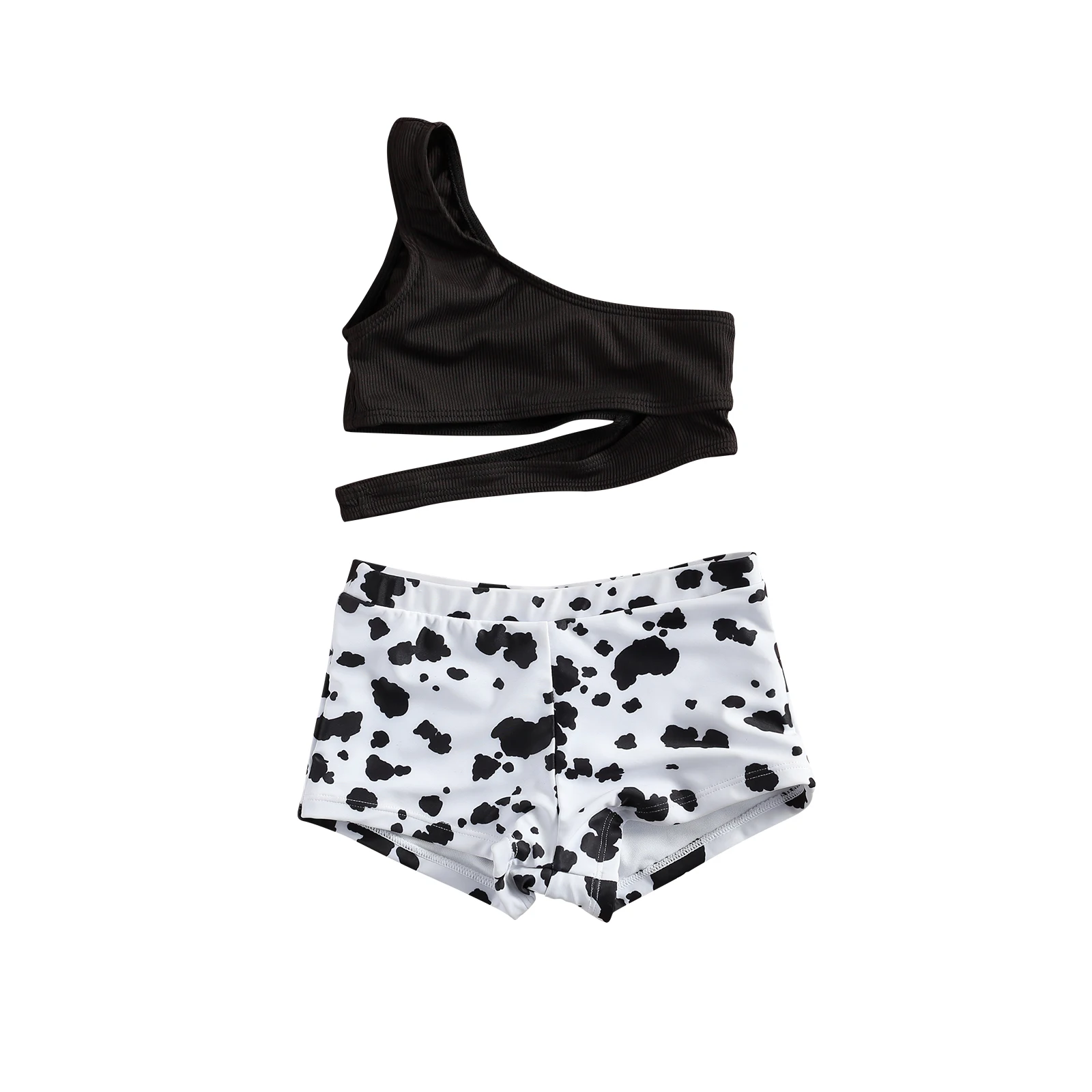 

Kids Swimsuit Little Girl's 2 Pcs Set One Sling Sleeve One Sleeveless Solid Color Hollowing Out Crop Top And Print Short Pants