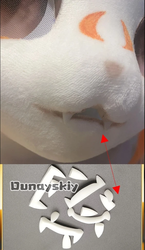 Фото Пушистый меховой костюм Kemono с 3D принтом, искусственные зубы, костюмы для косплея, аксессуары, 2 шт./4 шт., 3D-печать, клыки-оборотня, меховой костюм, реквизит для самостоятельного изготовления №5