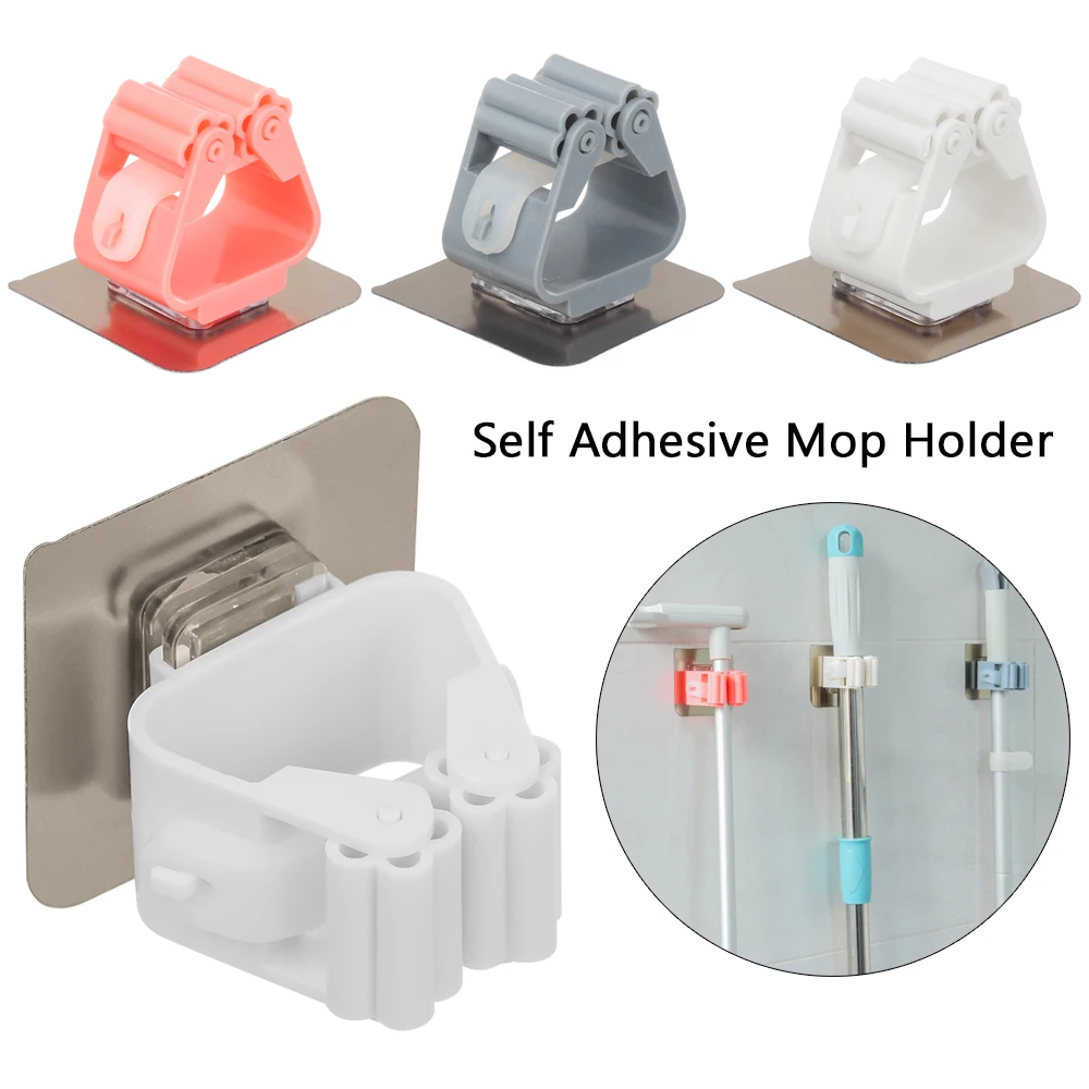 

4Pcs Mop Holder Self Adhesive Wall Mounted Hooks Broom Hanger Spring Clip Rack Multi-Purpose Bathroom
