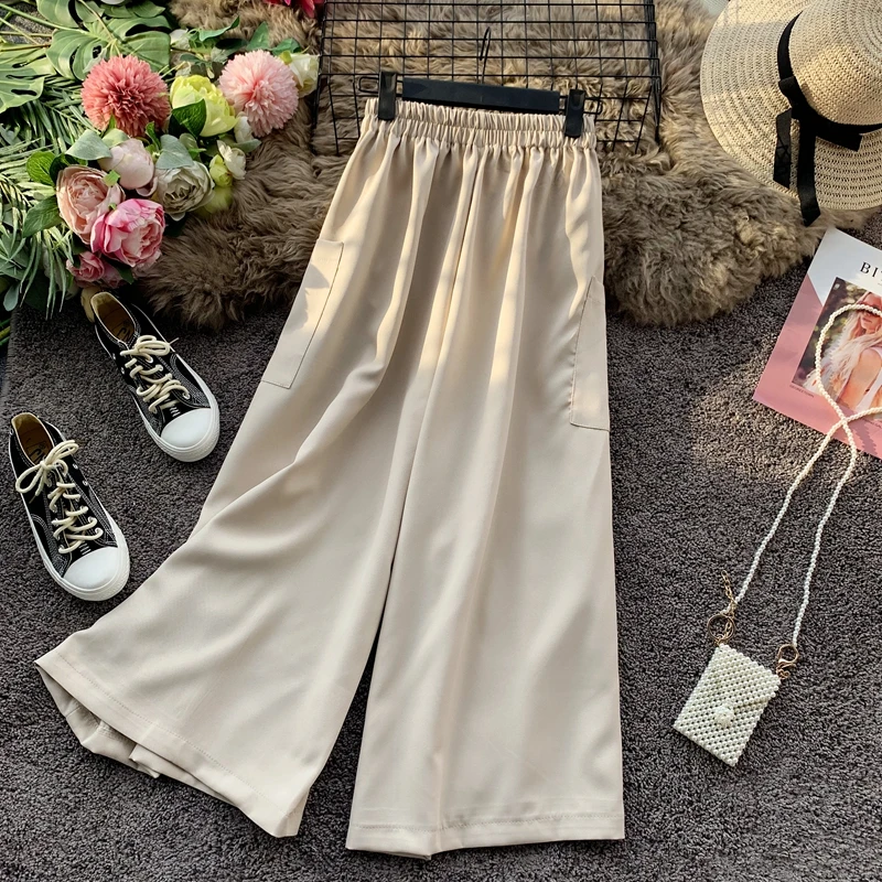 

Women Chic Elastic High Waist Pants Vintage Leisure Ladies Trousers Baggy Korean 2022 New Spring/Summer/Autumn Wide Leg Female
