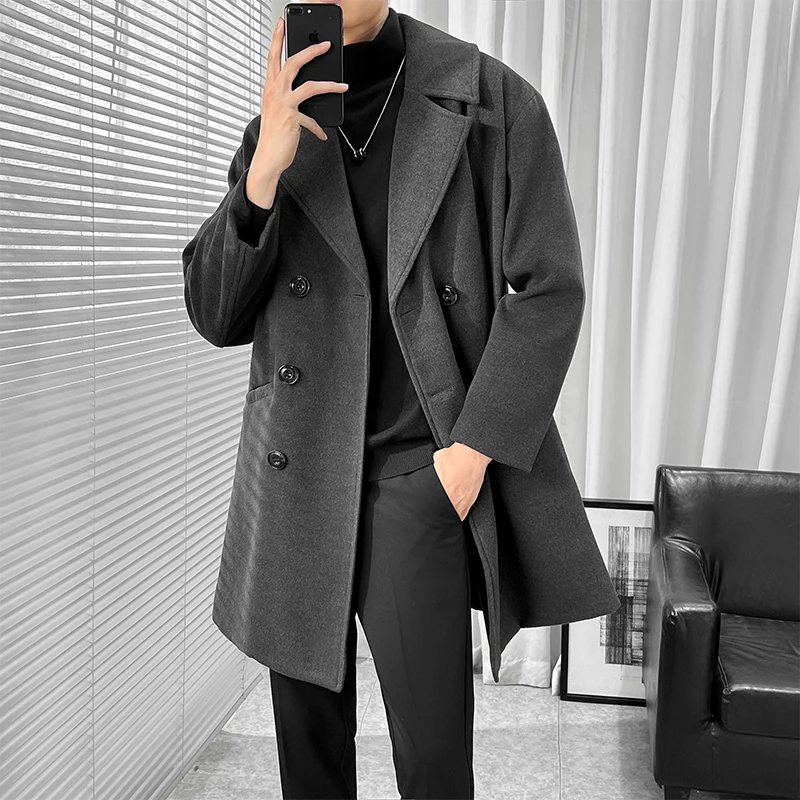 2022 Abrigo de lana de estilo coreano para hombre, gabardina de longitud media con bolsillos cuello de traje Color sólido