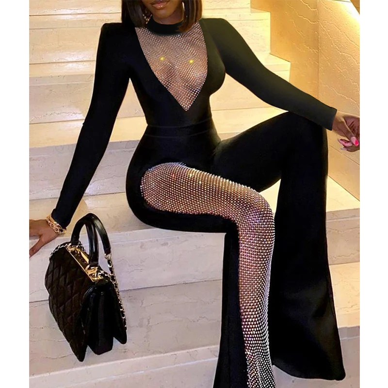 

Elegant Jumpsuit for Women Black Long Sleeve O Neck Sexy Casual Slim Shiny Rhinestone Flare Pants Charming Party Pantsuit 2022