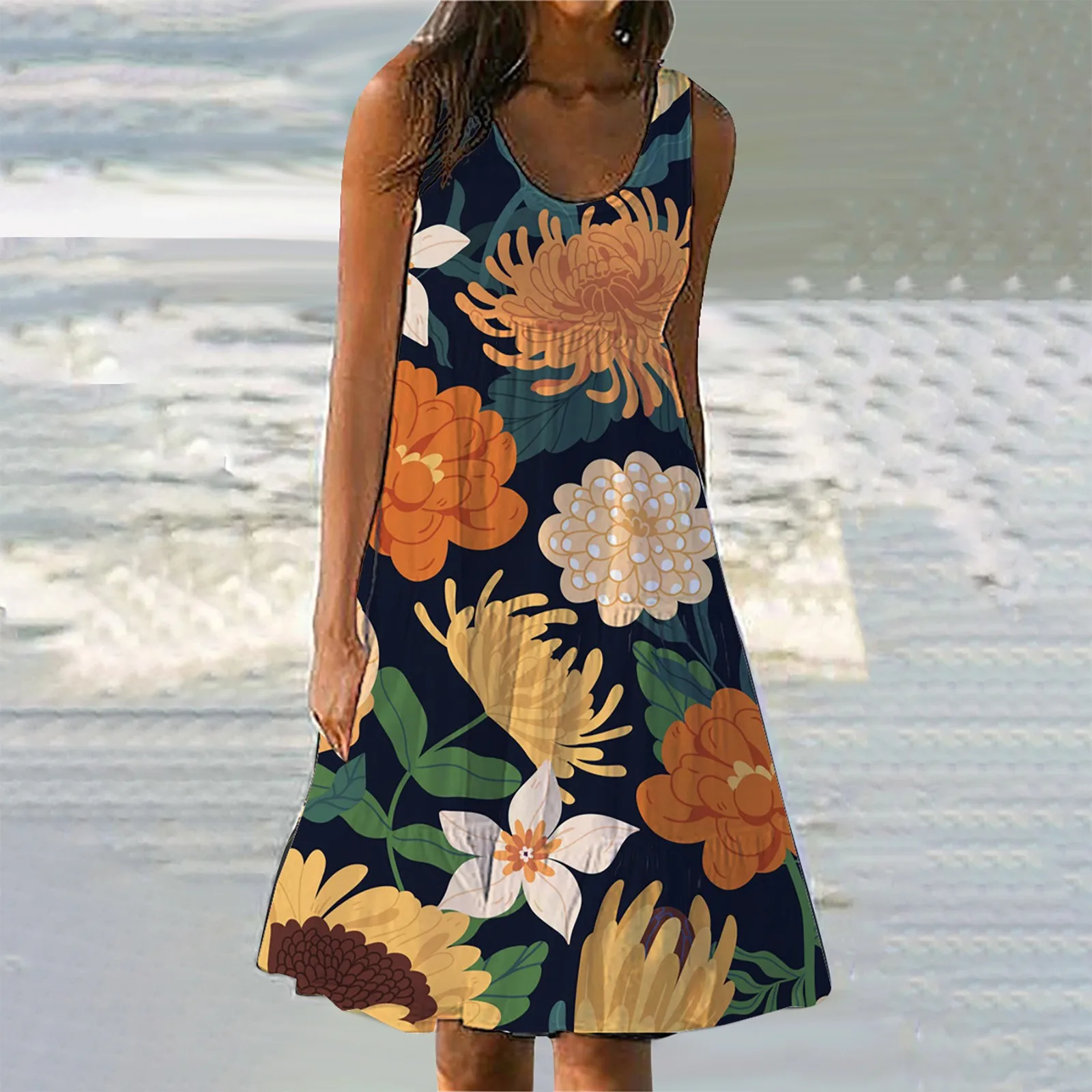 

Party Dresses Floral Print Beach Corset Dress O Neck Sleeveless Boho Dress Loose Dress Платье Летнее