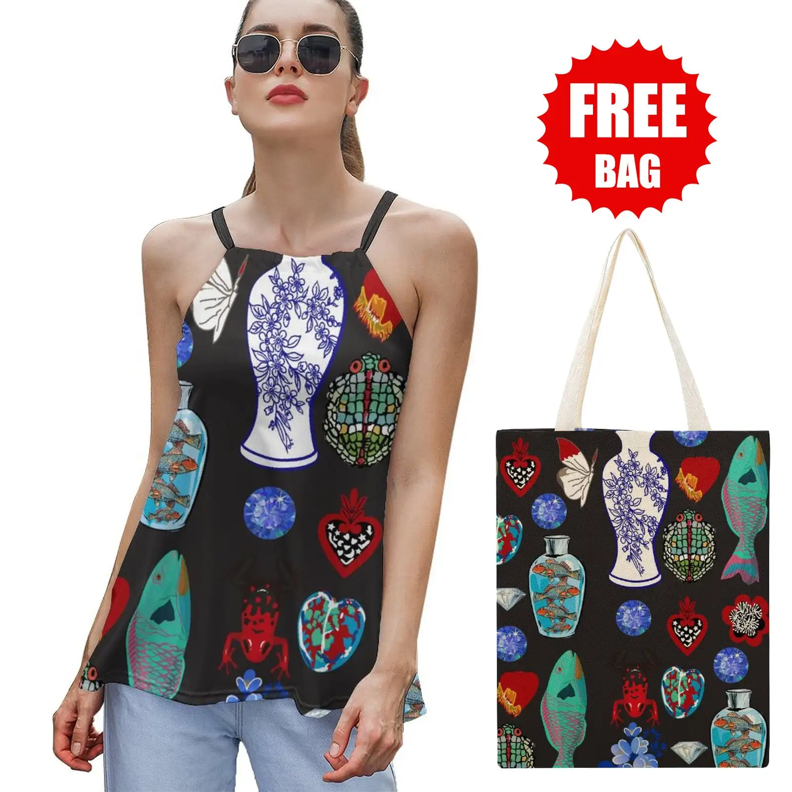 

Women's Sexy Printed Loose Strap Casual Tank Top Adjustable Straps Casual Vest with Printed Free Bag