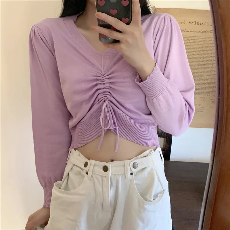 

Spring pullover 2023 new Korean design sense V-neck drawstring short small top all-match long-sleeved knitted sweater women