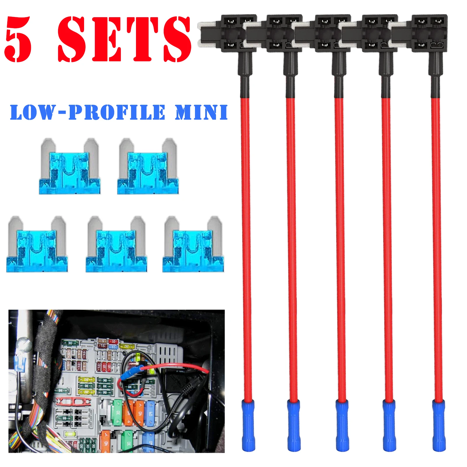

Universal 5 Pack Car Add-A-Circuit Piggy Back Fuse Tap Adapter 16AWG 15A Low Profile Mini Fuse Blade Holder Small Fuse Extractor