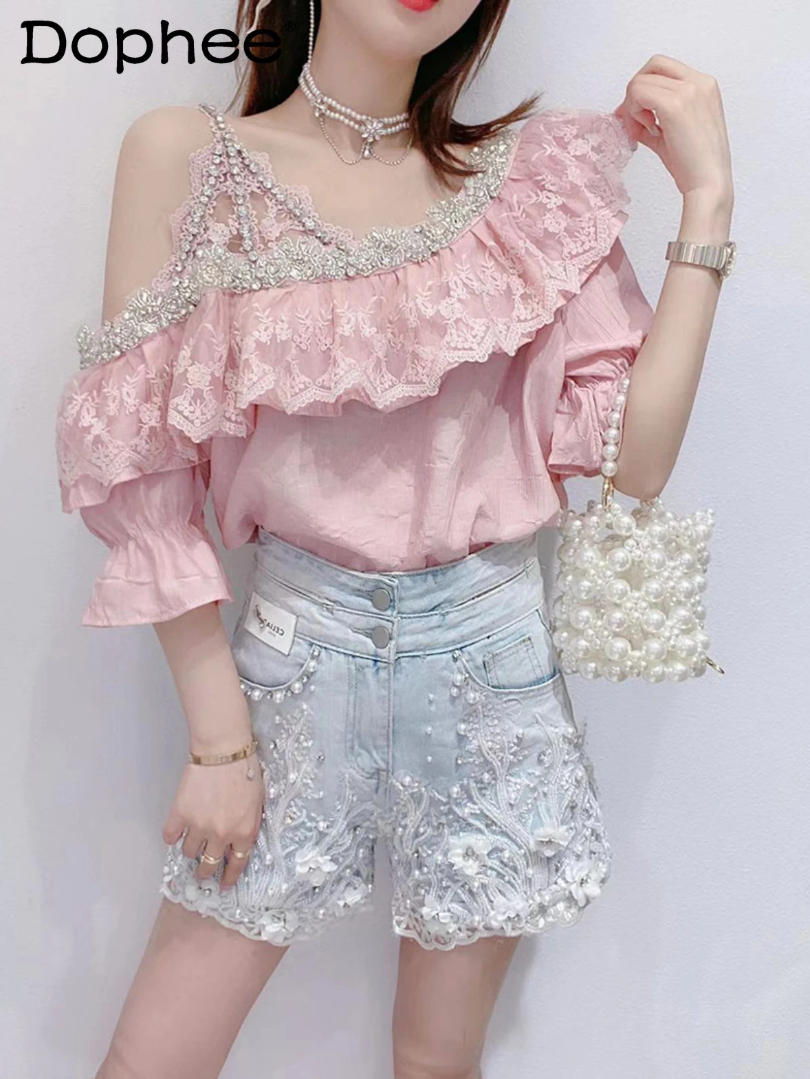 

Sweet Hot Rhinestone Ruffled Spaghetti Strap Shirt for Women 2022 Summer New Sexy Off-Shoulder Chiffon Blouse White Pullover Top