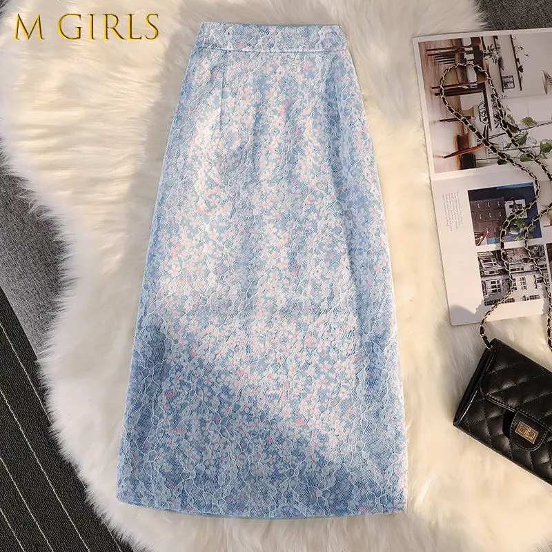 

M GIRLS Skirts Women 3 Colors Floral Back Split Vintage All-match Empire Mid-calf Summer Thin Lace Design Fashion Harajuku Soft