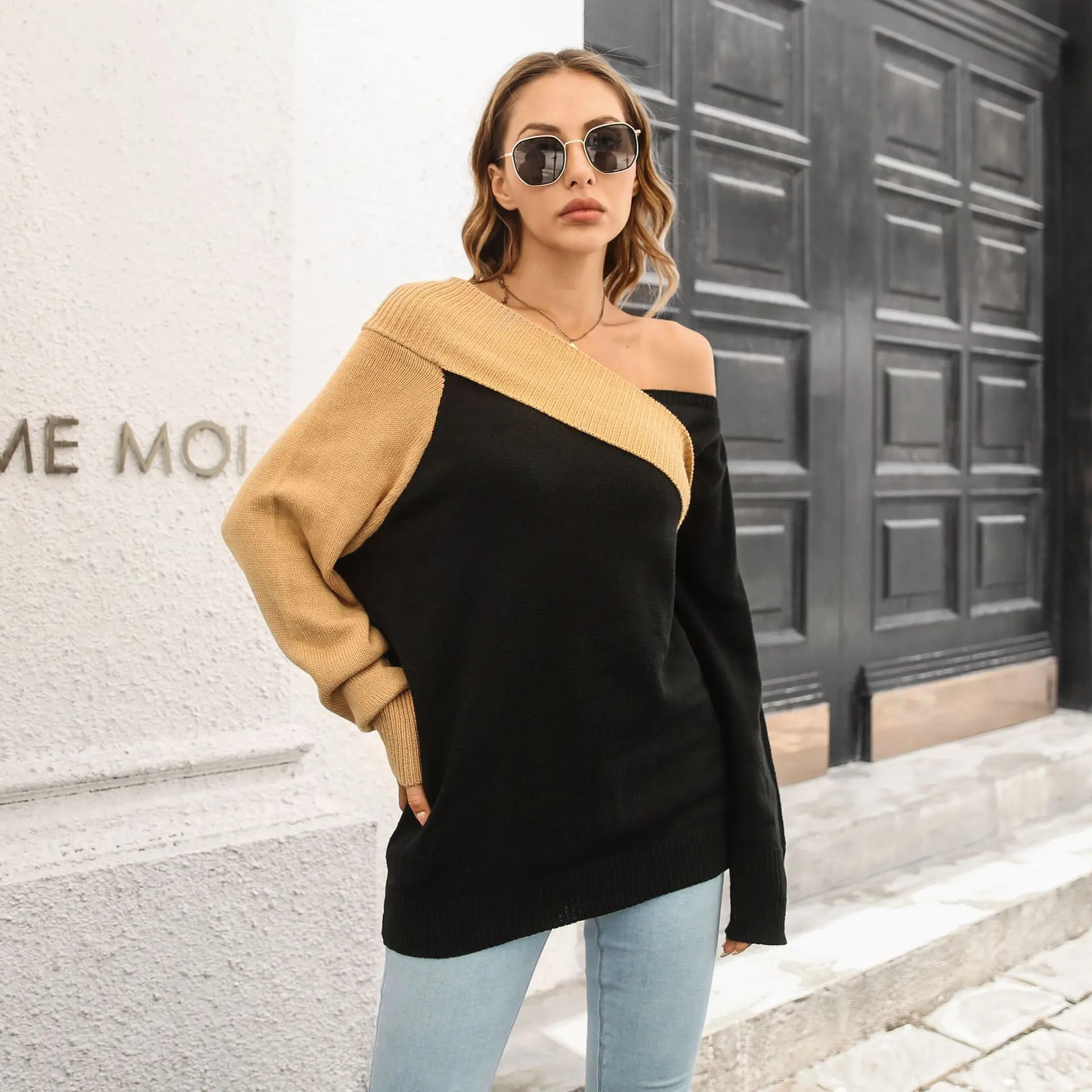 Design Sense Word Neck Sweater Women Loose Autumn and Winter Long Sleeve Knitted Sweater New Style свитер оверсайз enlarge