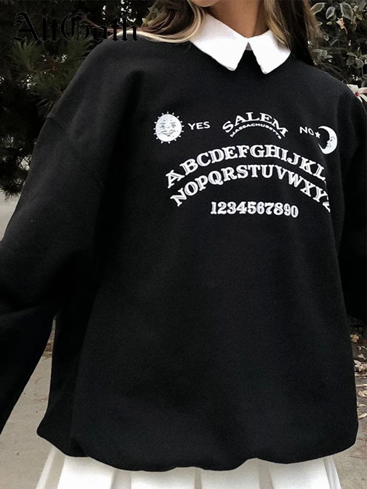 

AltGoth Gothic Harajuku Oversized Hoodies Women Y2k Grunge Letter Printed Pullover Polo Collar Long Sleeve Mall Goth Sweatshirt