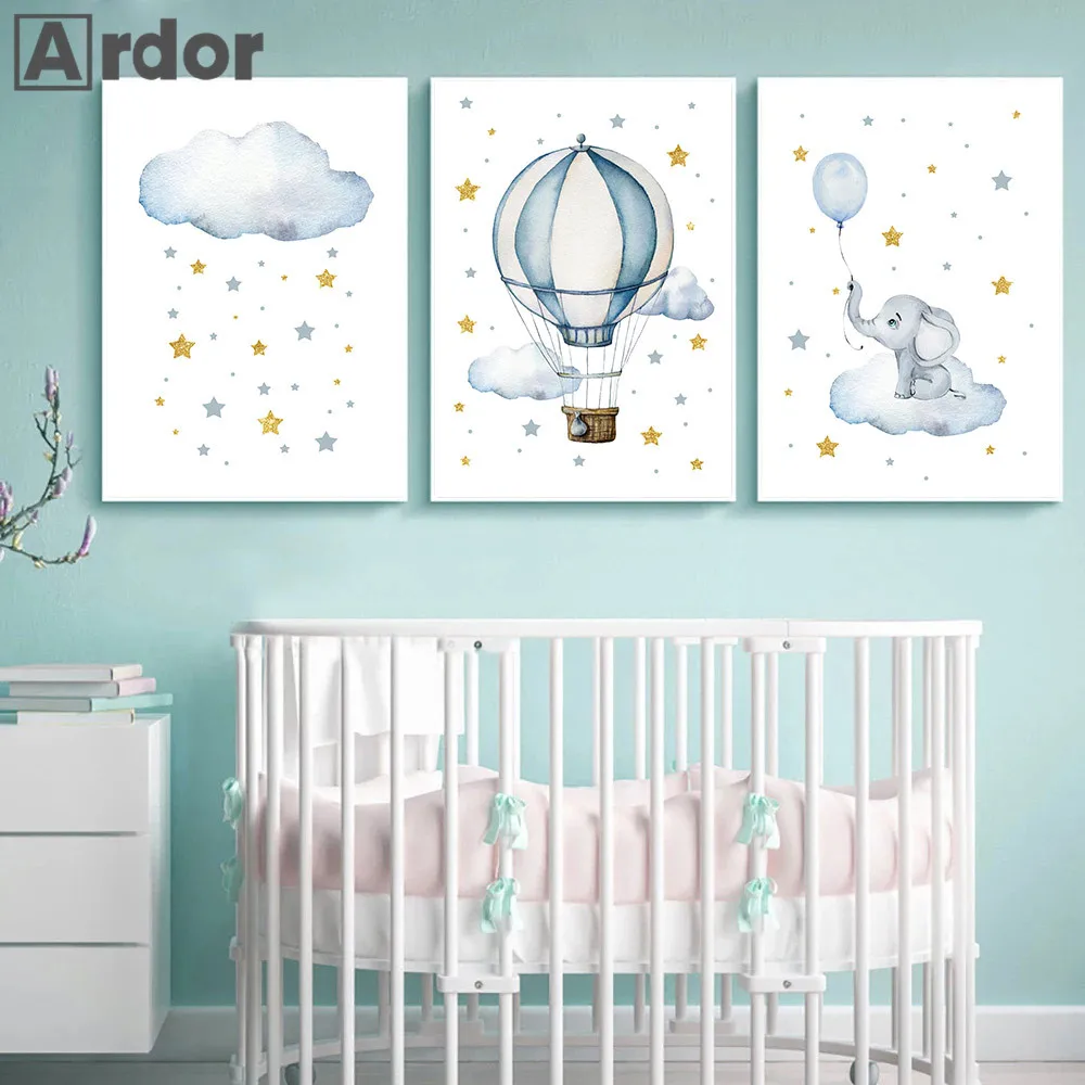 

Blue Stars Clouds Poster Elephant Canvas Print Hot Air Balloon Wall Art Painting Nursery Nordic Wall Pictures Kids Room Decor