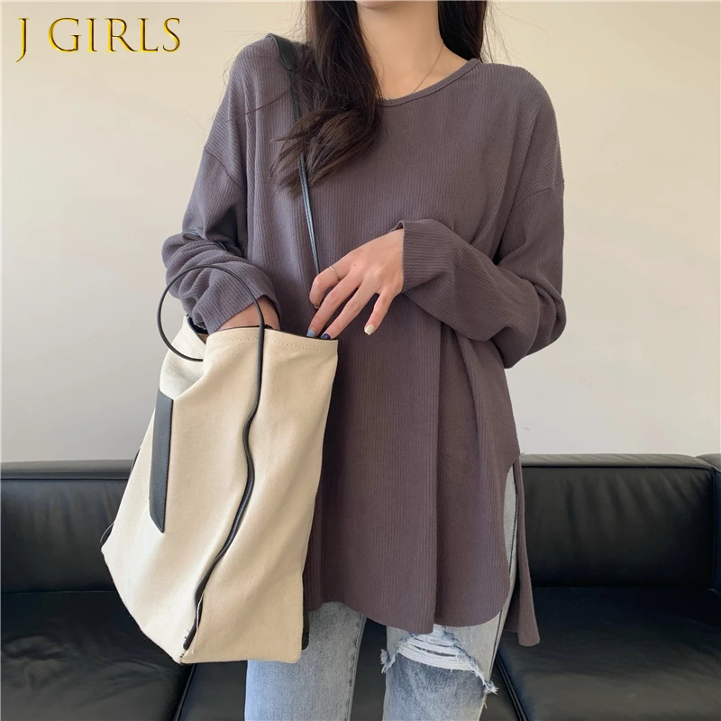 

Long Sleeve T-shirts Women Loose Split Korean Style Spring Pure Color All-match Minimalist Students Soft Tops Basic Mujer Cloth