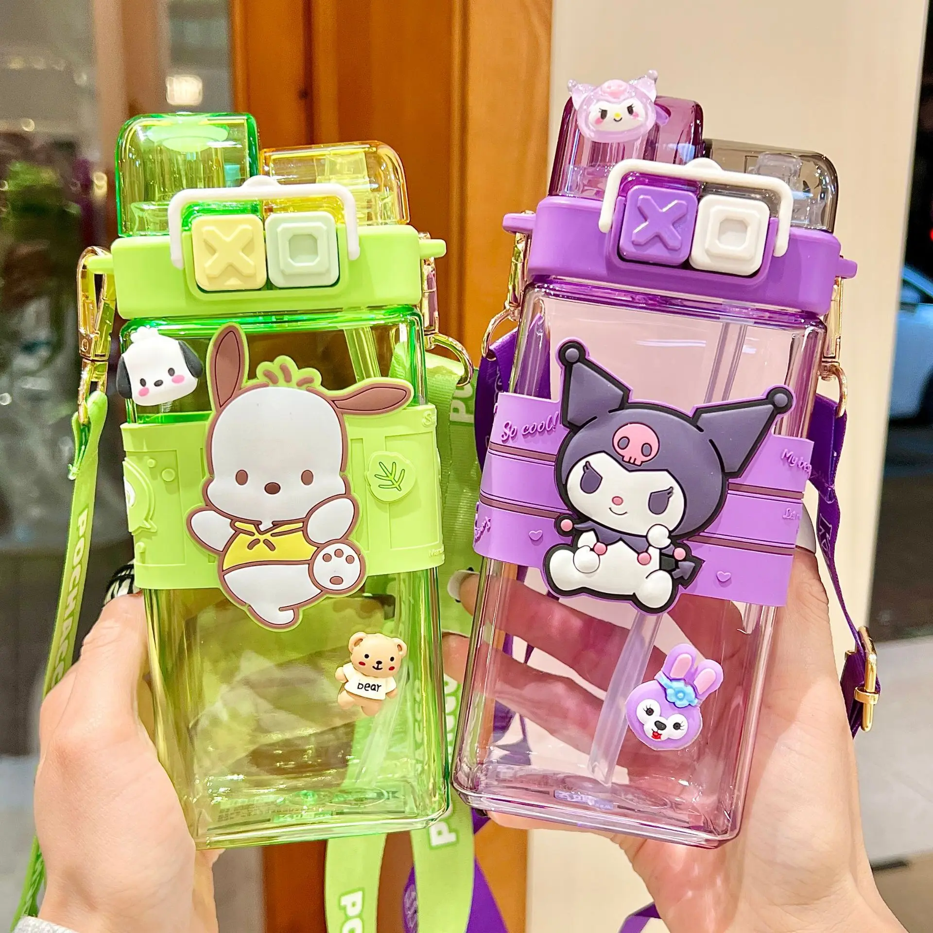

Kawaii Sanrio Anime Children Water Cup Hello Kitty Kuromi Cinnamoroll Cartoon Outdoors Water Bottle Double Pipette Cup Girl Gift