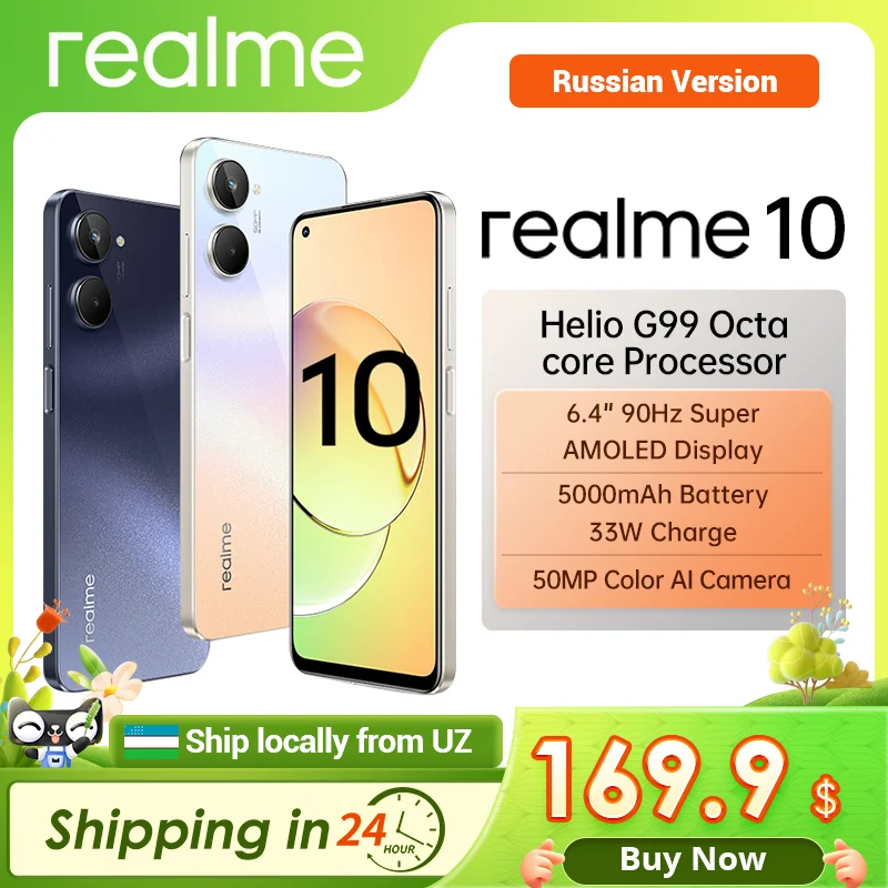

Russian Version Realme 10 Smartphone Helio G99 90Hz Super AMOLED Display 5000mAh Battery 33W Charge 50MP Color AI Camera