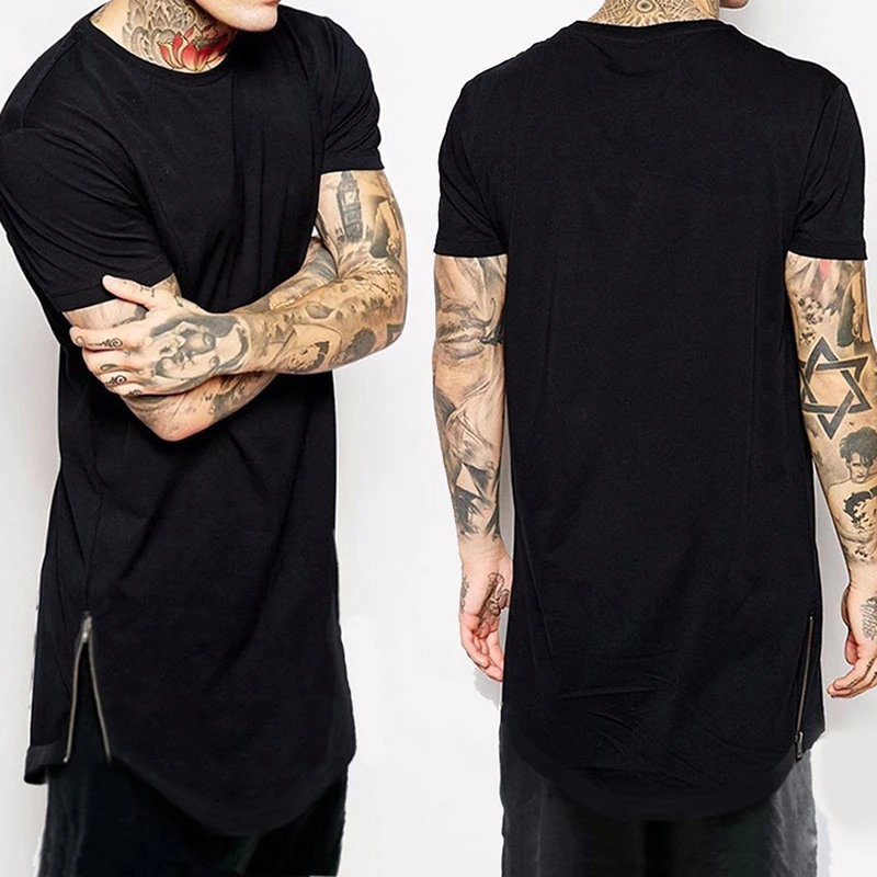 

Fashion Two Side Zipper Arc Hem Round Neck Short Sleeve T-shirt Simple Men's Solid Color Hip-hop Style Bottoming TEE Shirt Top