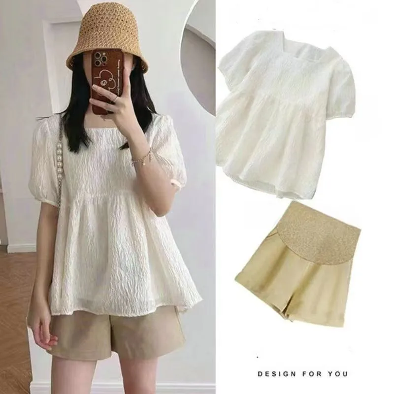 

New Maternity Suit Shirts+Shorts Sets Pregnancy Going Out Wearing Two Pieces Summer Beautiful Cool Clothes For Pregnant Women