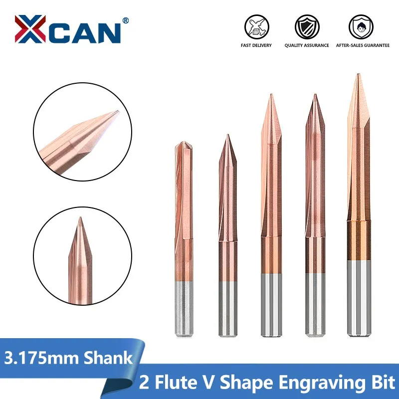 XCAN V Shape End Mill 3.175mm Shank Milling Cutter 20,30,45,60,90 Degrees 2 Flute Engraving Bit Router Bit CNC Carving Bit