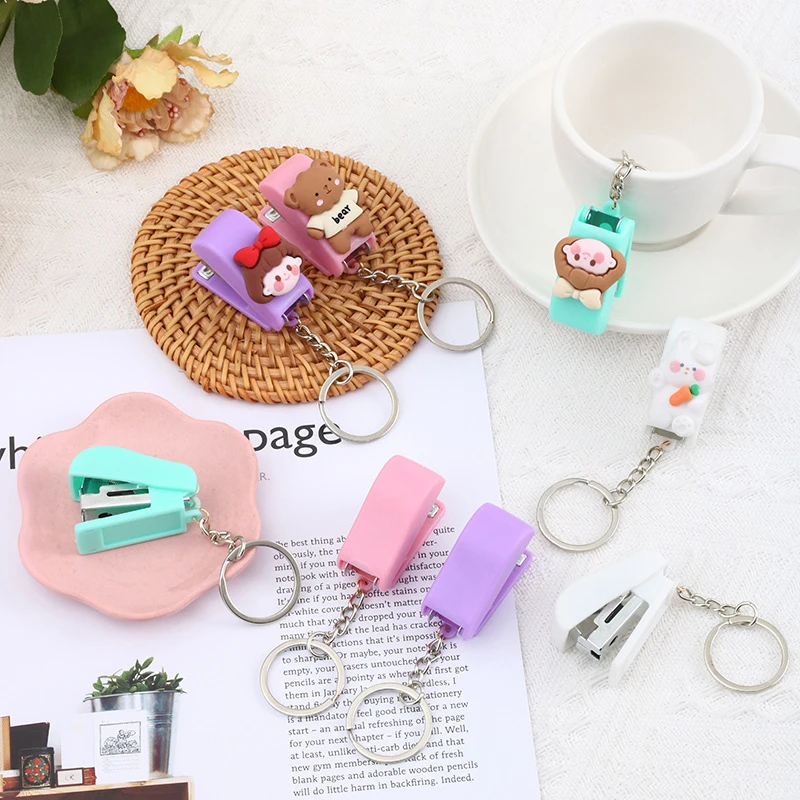 

Macaron Color Cute Cartoon Mini Stapler Key Chain Student Creative stapler Convenient Key Ring Pendant