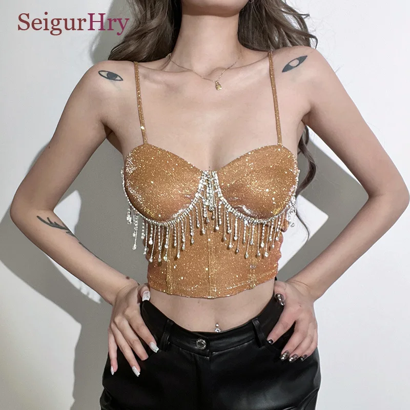 SeigurHry Women Sexy Short Camis Shiny Rhinestone Corset Tank Deep V Neck Beading Crop Top for Night Club Party Rave Outfit